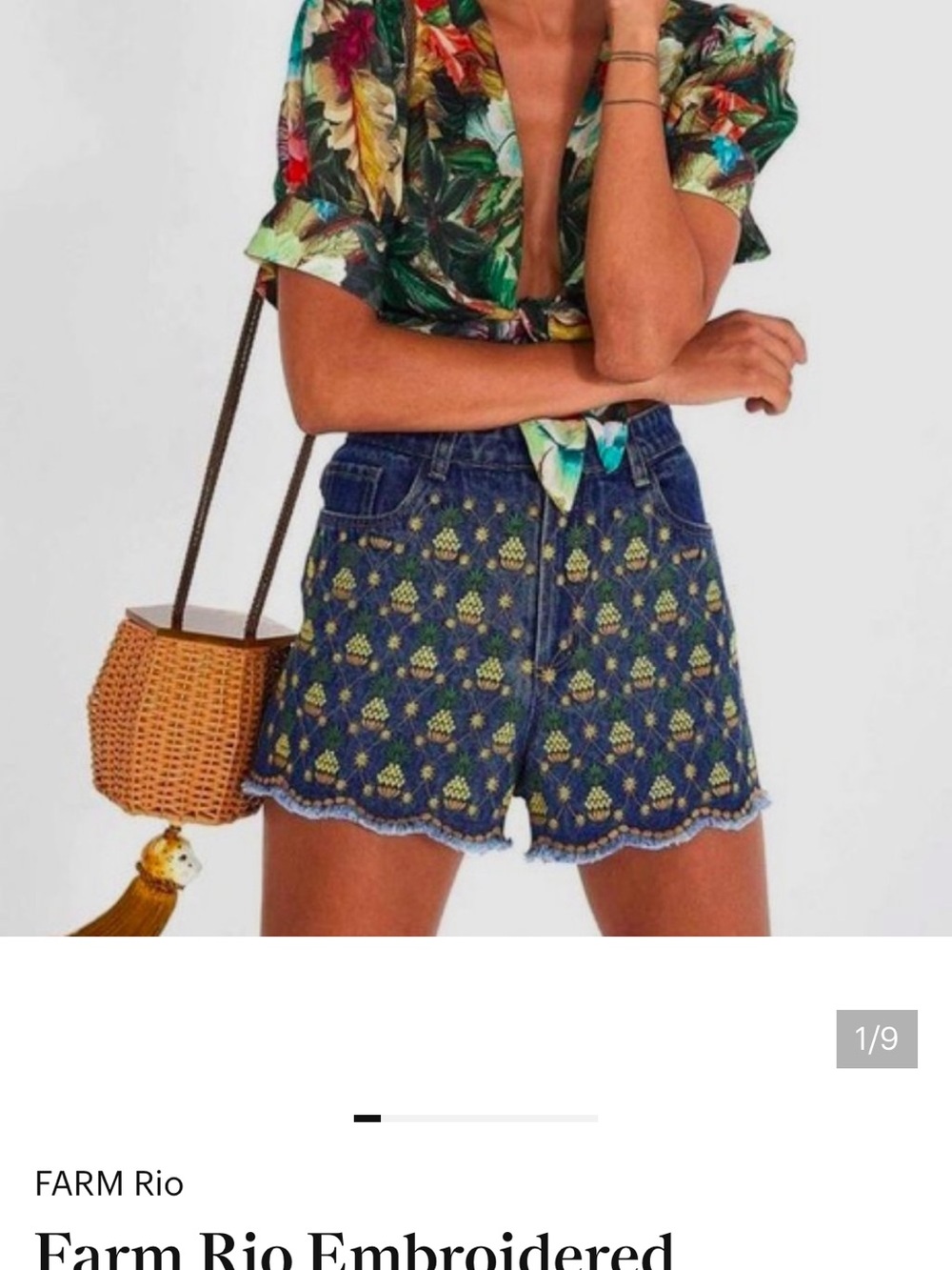 FARM Rio Blue Denim Shorts with Yellow-Green Embroidery
